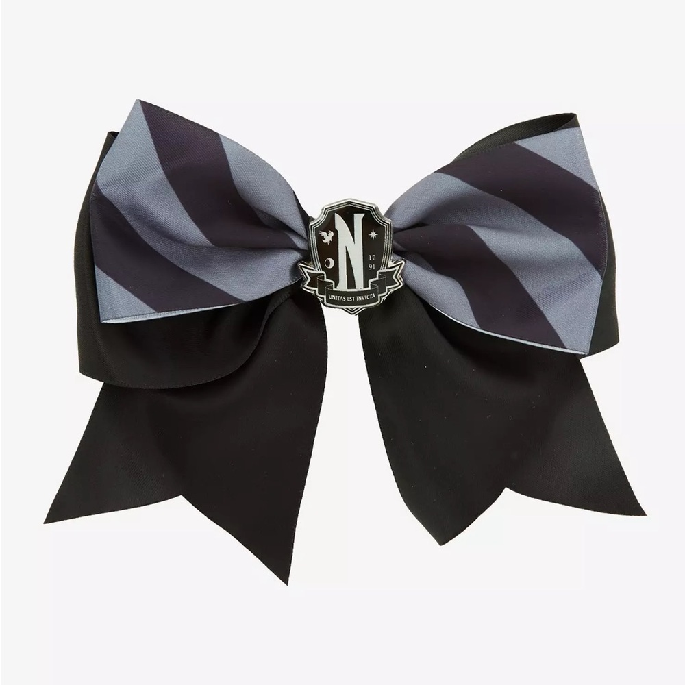 Wednesday Nevermore Stripe Hair Bow Black and Gray